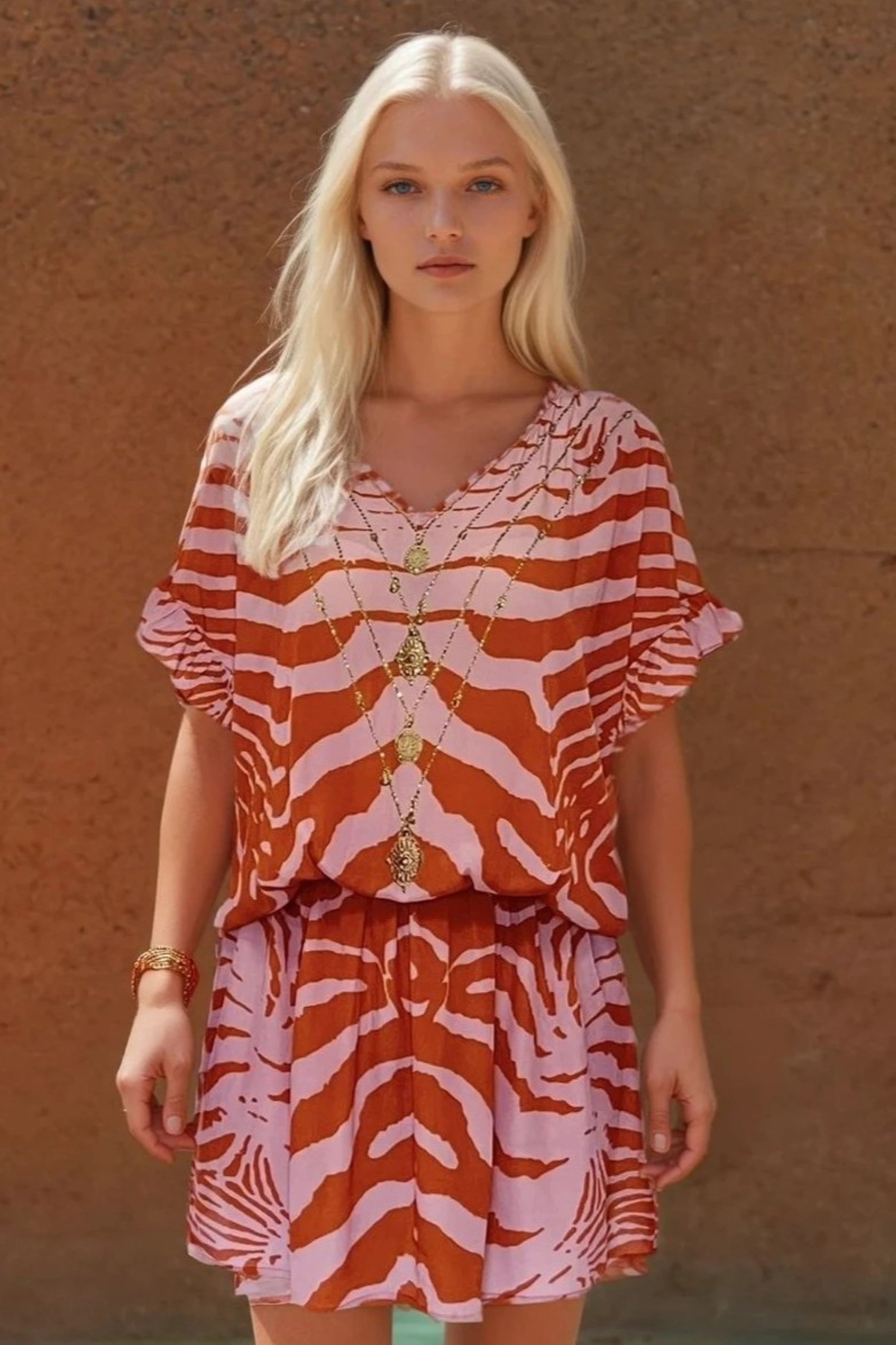 abstract tiger print short bloused beach cover up by Lindsey Brown