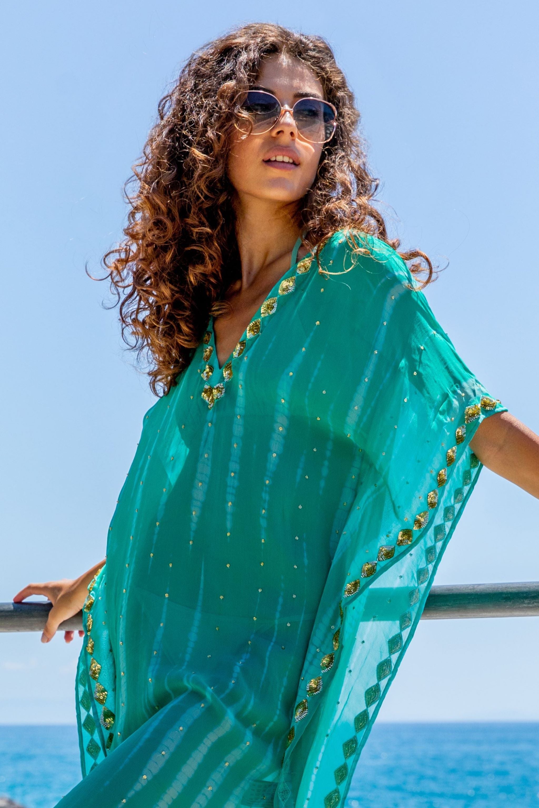 Aqua Silk Kaftans to wear over swimwear by Lindsey Brown luxury resort wear 