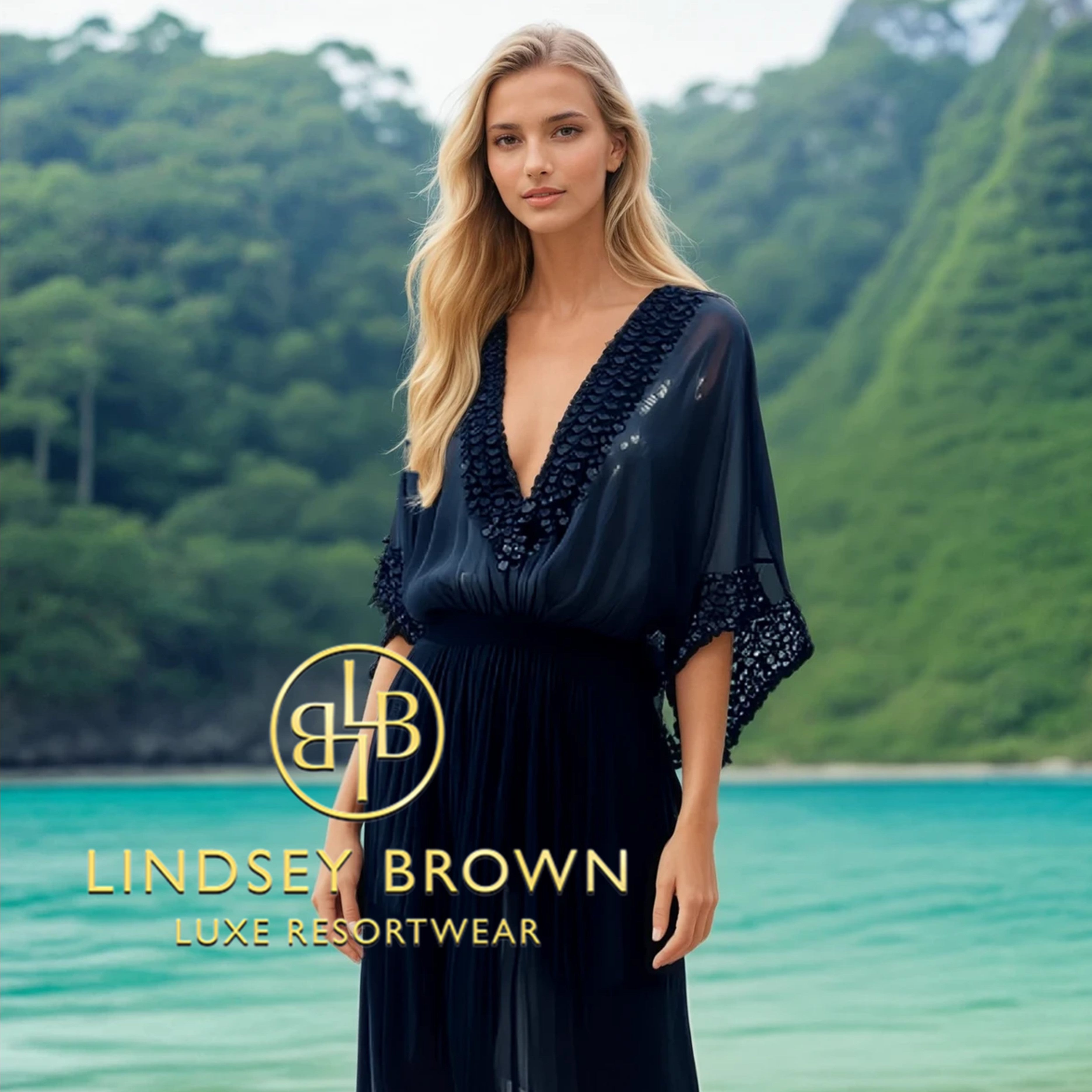 black silk maxi kaftan dress to wear on a luxury holiday by Lindsey Brown