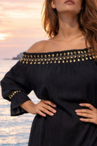 black gold  off the shoulder cotton dress to wear on holiday by Lindsey Brown