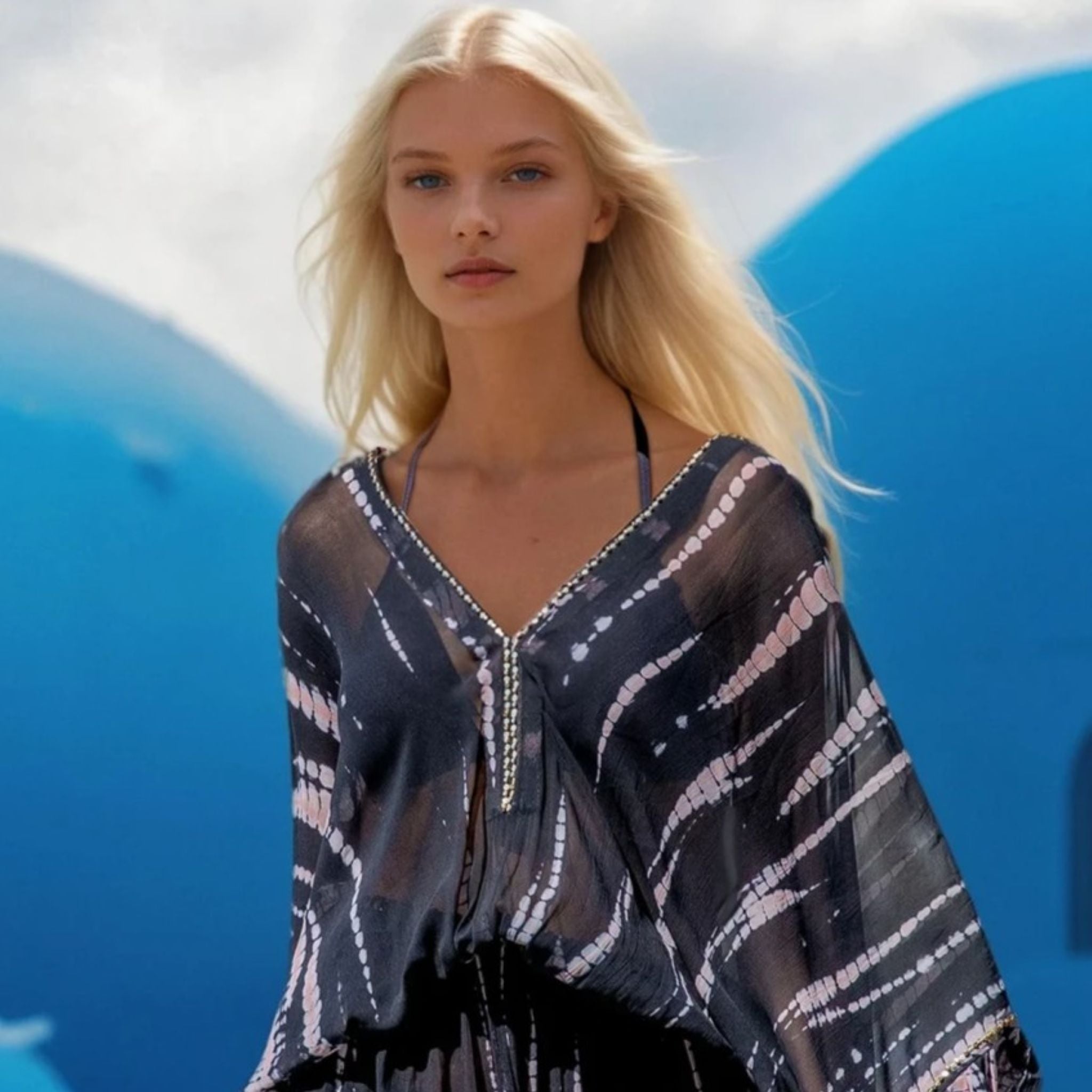 Black hand tie dye bloused kaftan dresses by Lindsey Brown resort wear
