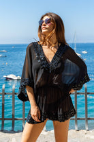 Black luxury silk kaftans to wear on holiday by Lindsey Brown resort wear