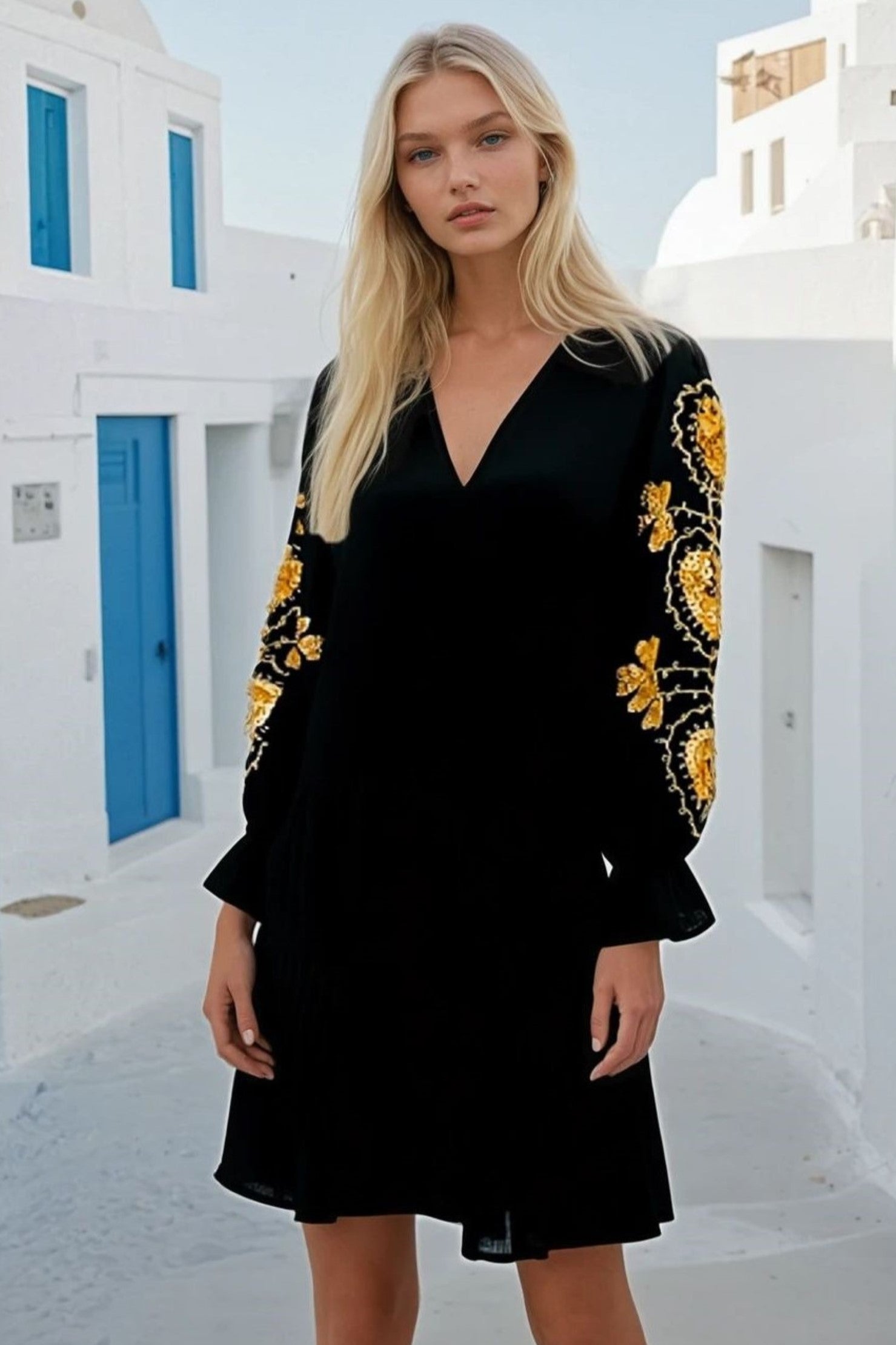 Black gold cototn knee length beach dress by lindsey brown resort wear 