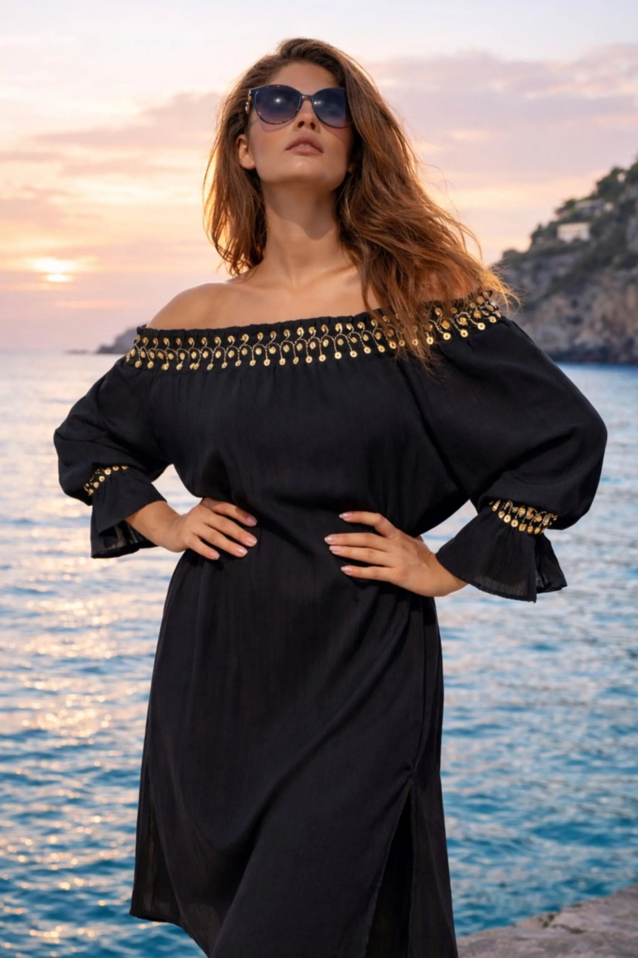 black and gold off the shoulder dress to wear on holiday by Lindsey Brown
