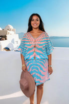blue and pink printed beach dress by Lindsey Brown resort wear 
