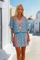 blue pink printed silk crepe bloused beach dress by Lindsey Brown