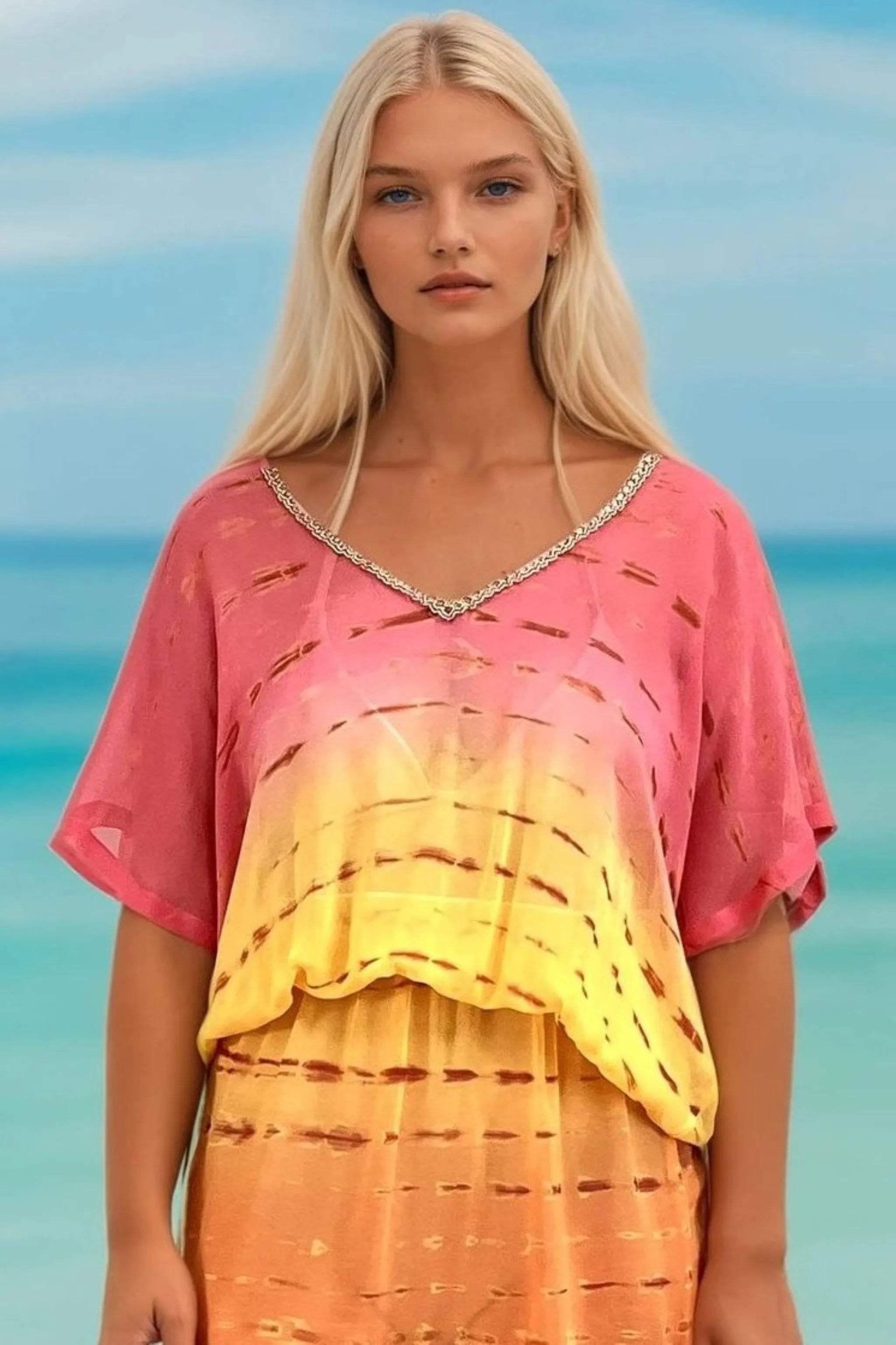 coral orange and yellow ombre silk kaftan dresses by lindsey brown resort wear
