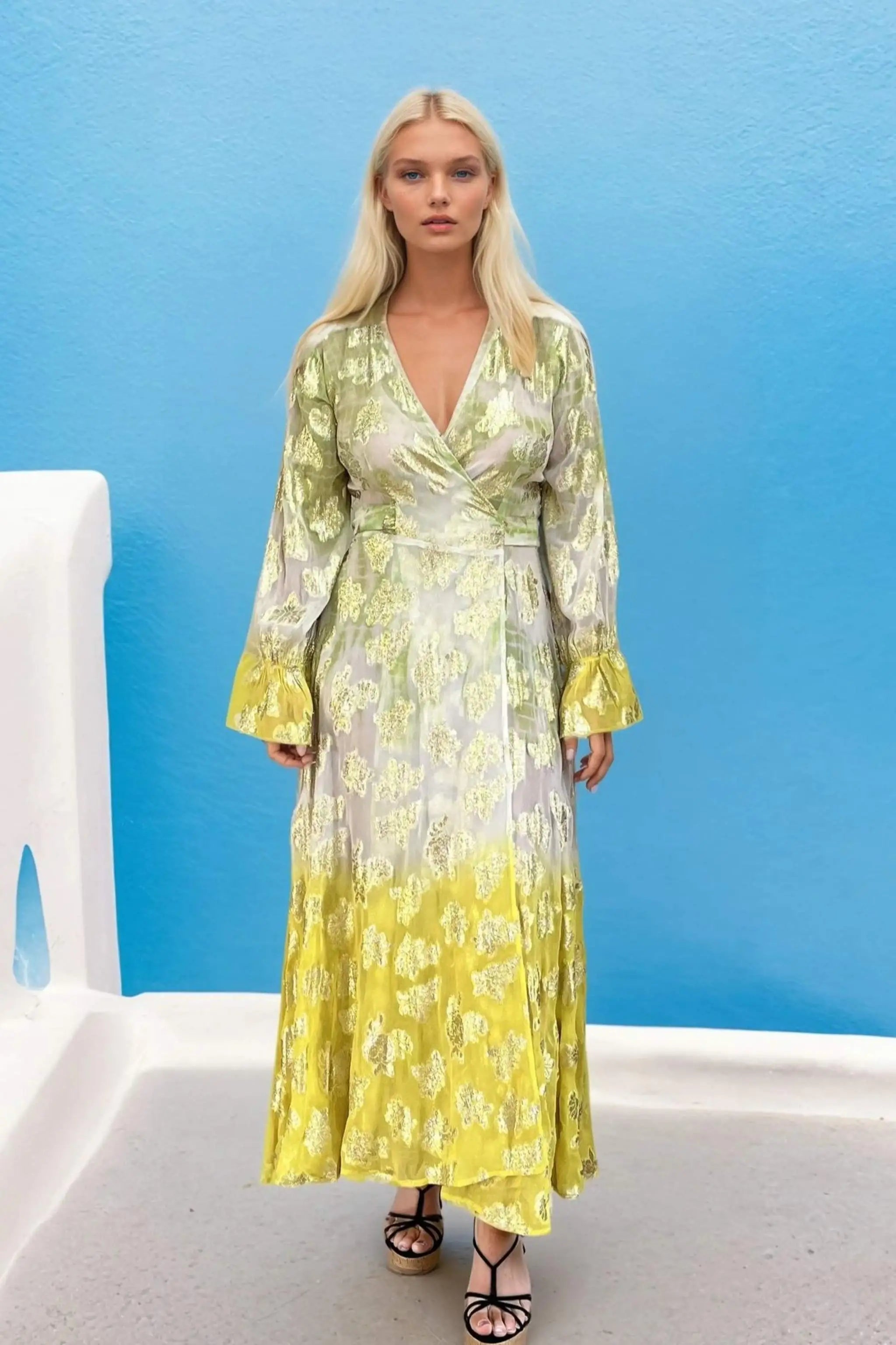 ivory gold and lime wrap over resort wear dress by Lindsey Brown