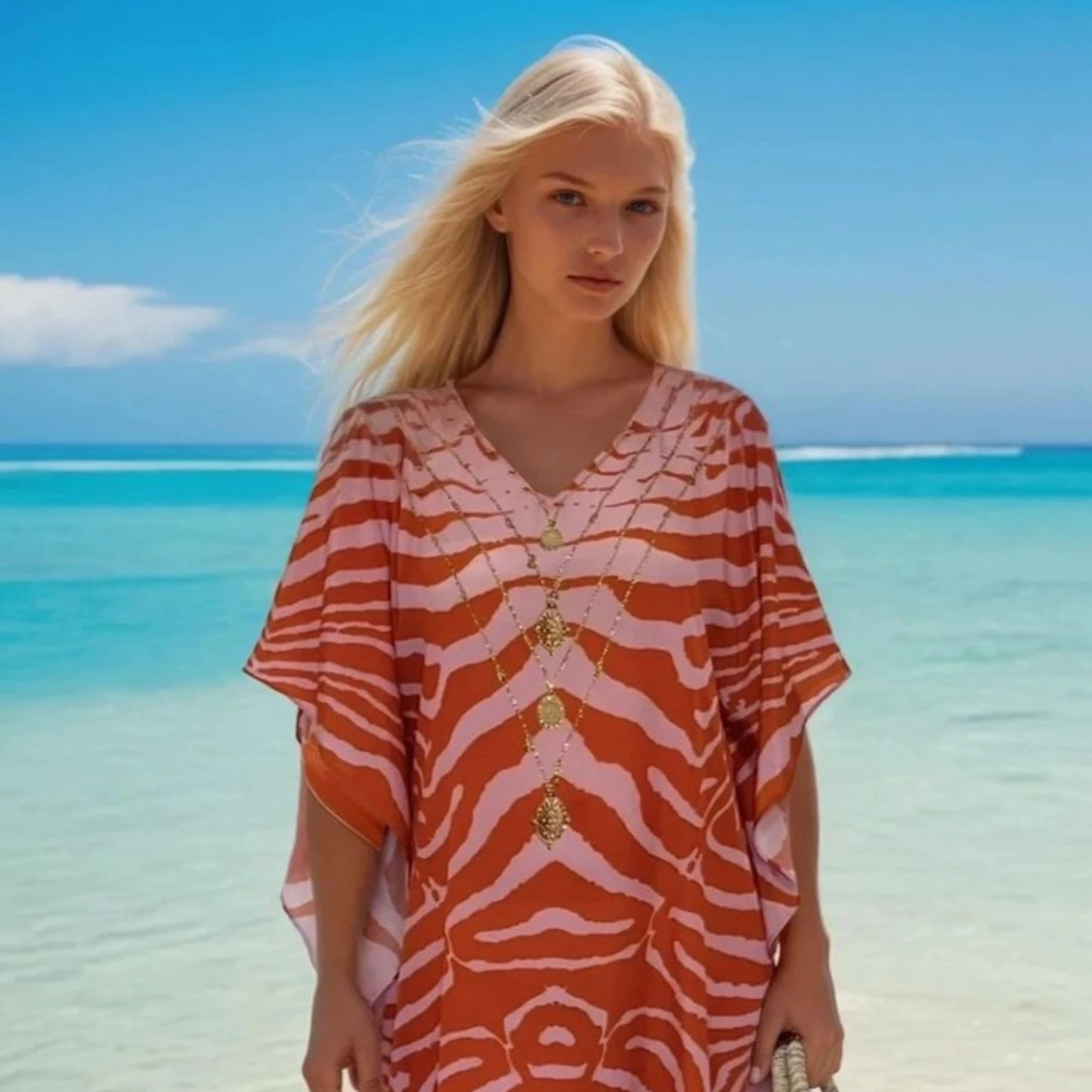 pink and orange tiger print floaty beach coverup by Lindsey Brown resort wear