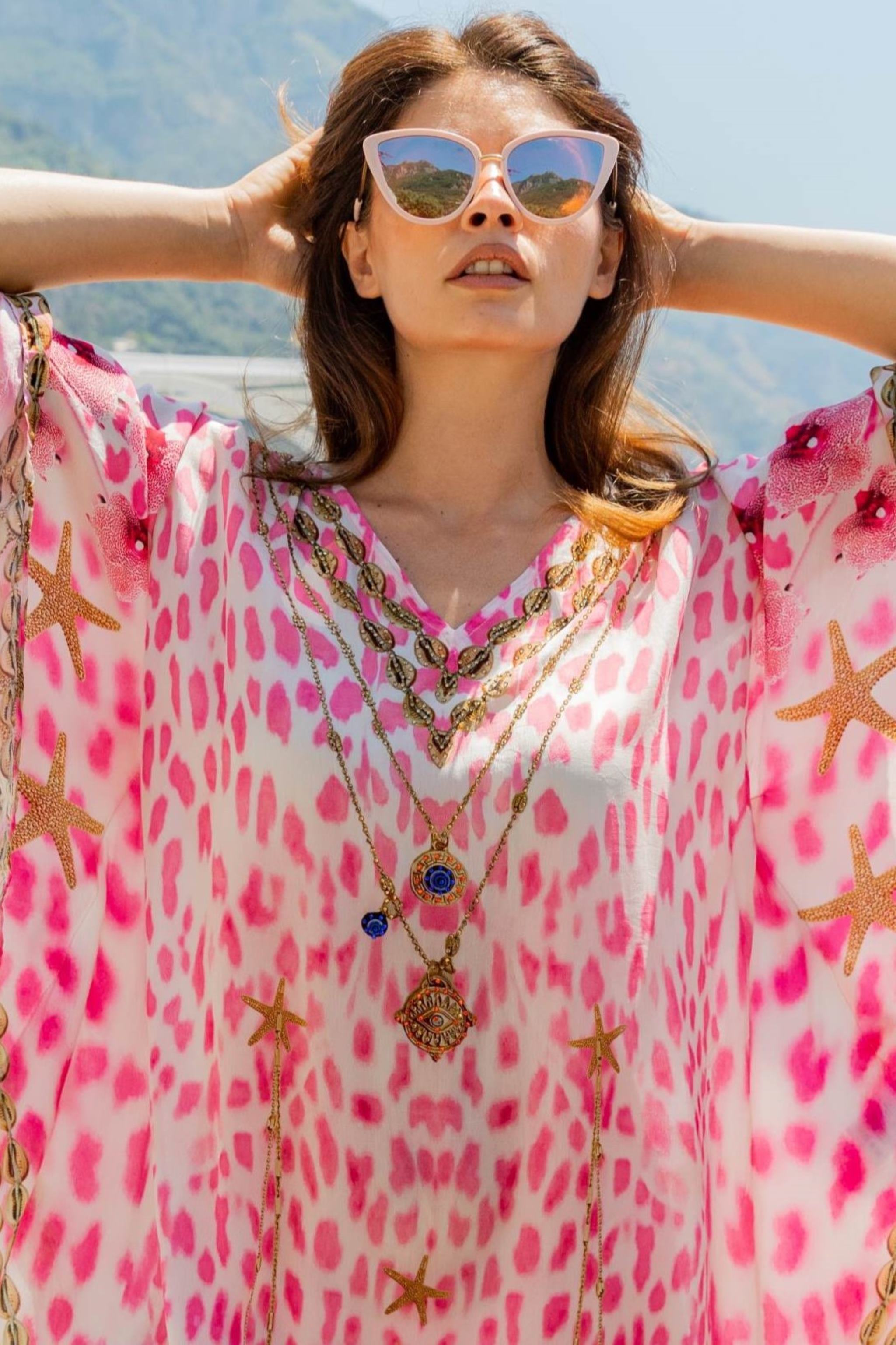 Pink gold animal print silk floaty designer beach coverups by Lindsey Brown resort wear 