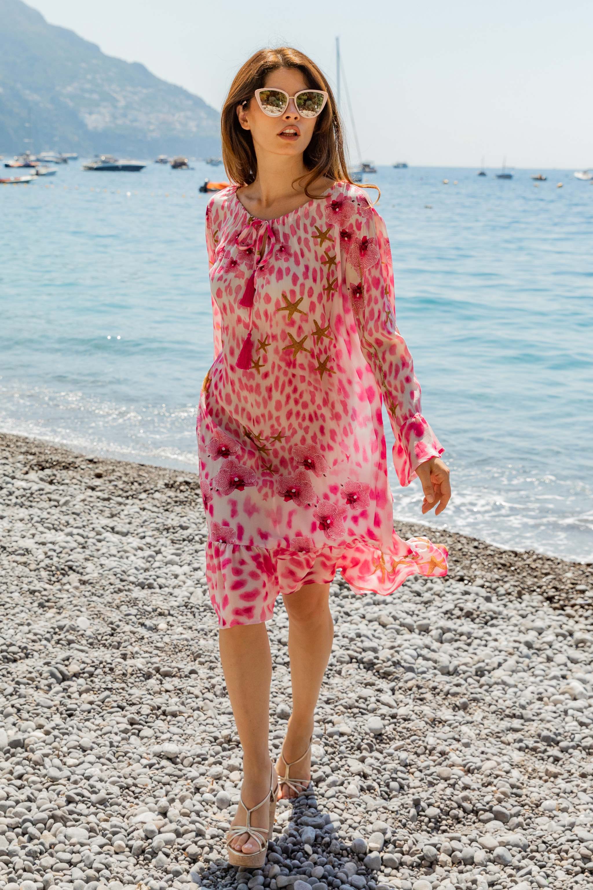 Pink silk long sleeve resort wear dress by Lindsey Brown luxury resort wear