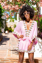 Pink Silk short designer kaftan by Lindsey Brown silk resort wear called Manhattan