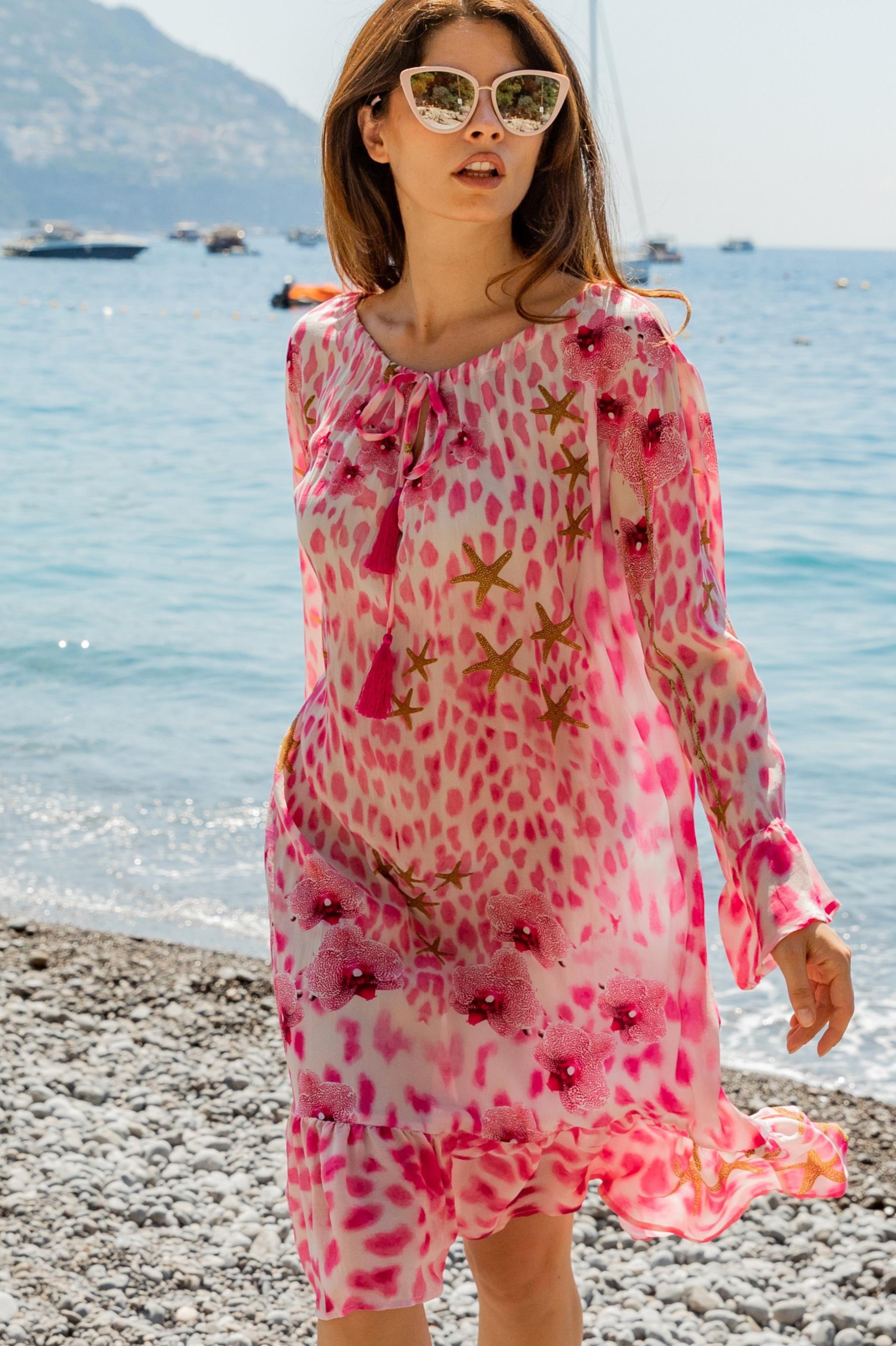 Silk long sleeve animal print silk resort wear dress by Lindsey Brown luxury resort wear