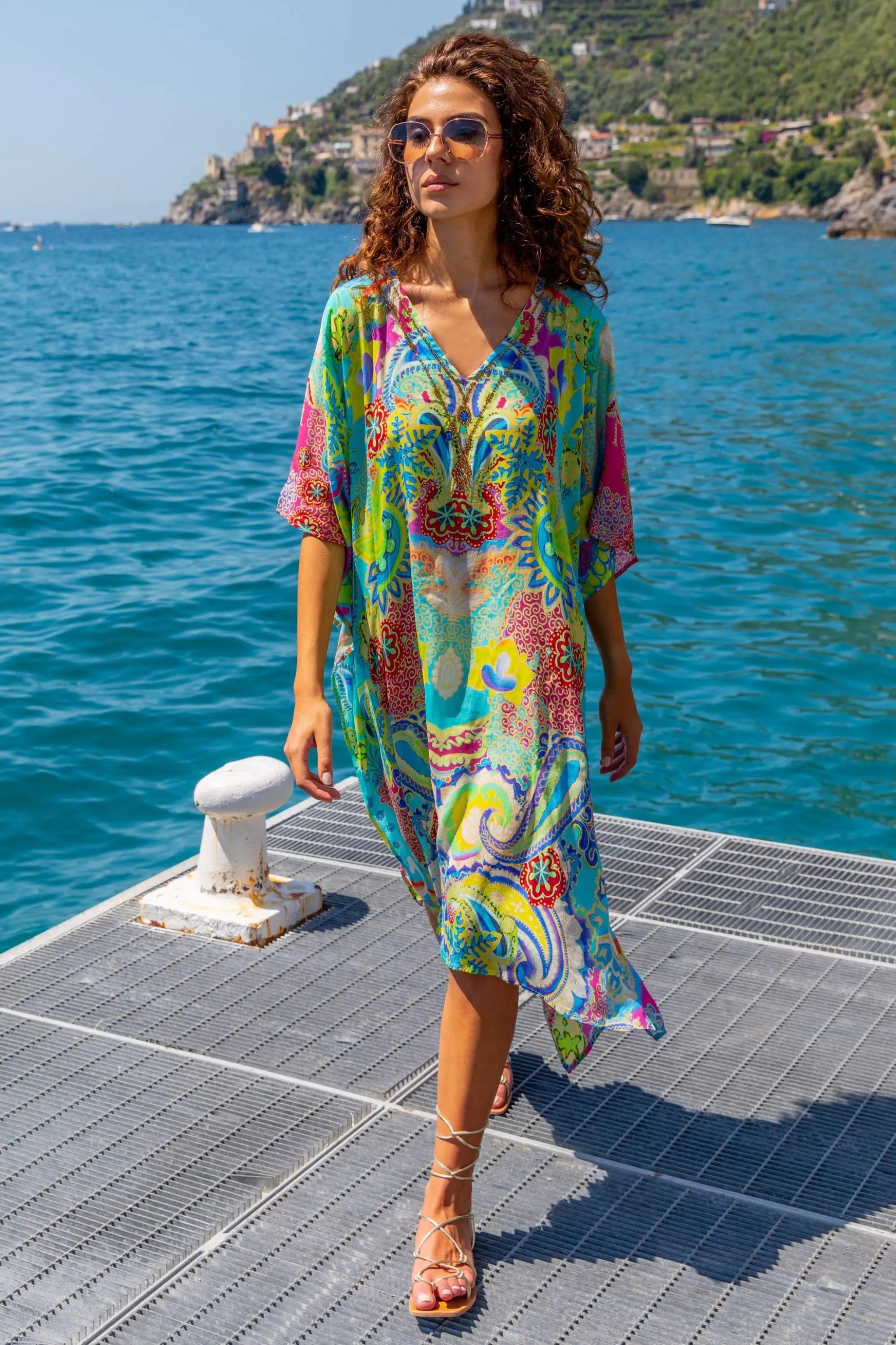 turquoise  yellow silk beach cover ups to wear on holiday by Lindsey Brown resort wear 