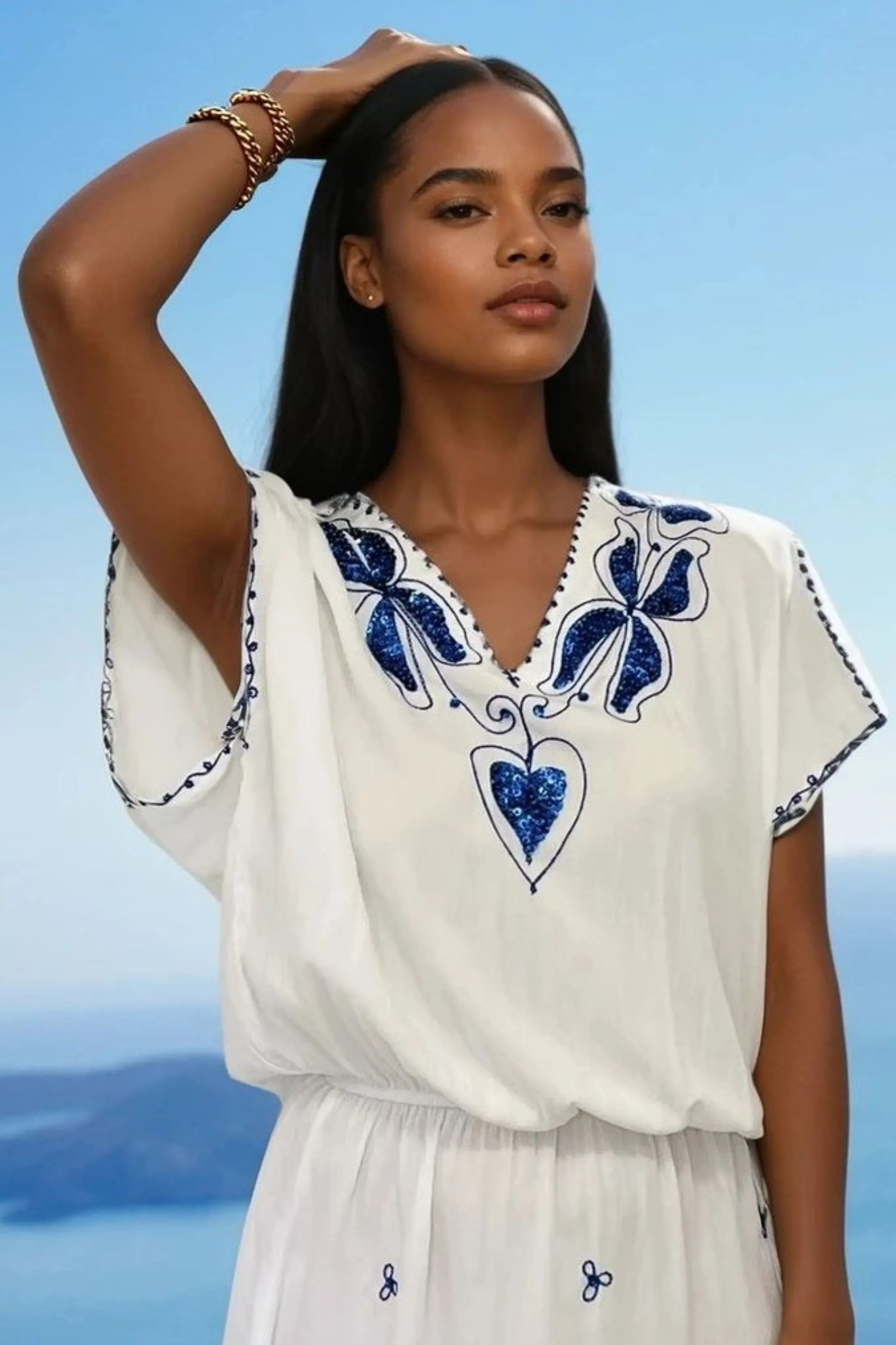 white blue cotton bloused beach dress