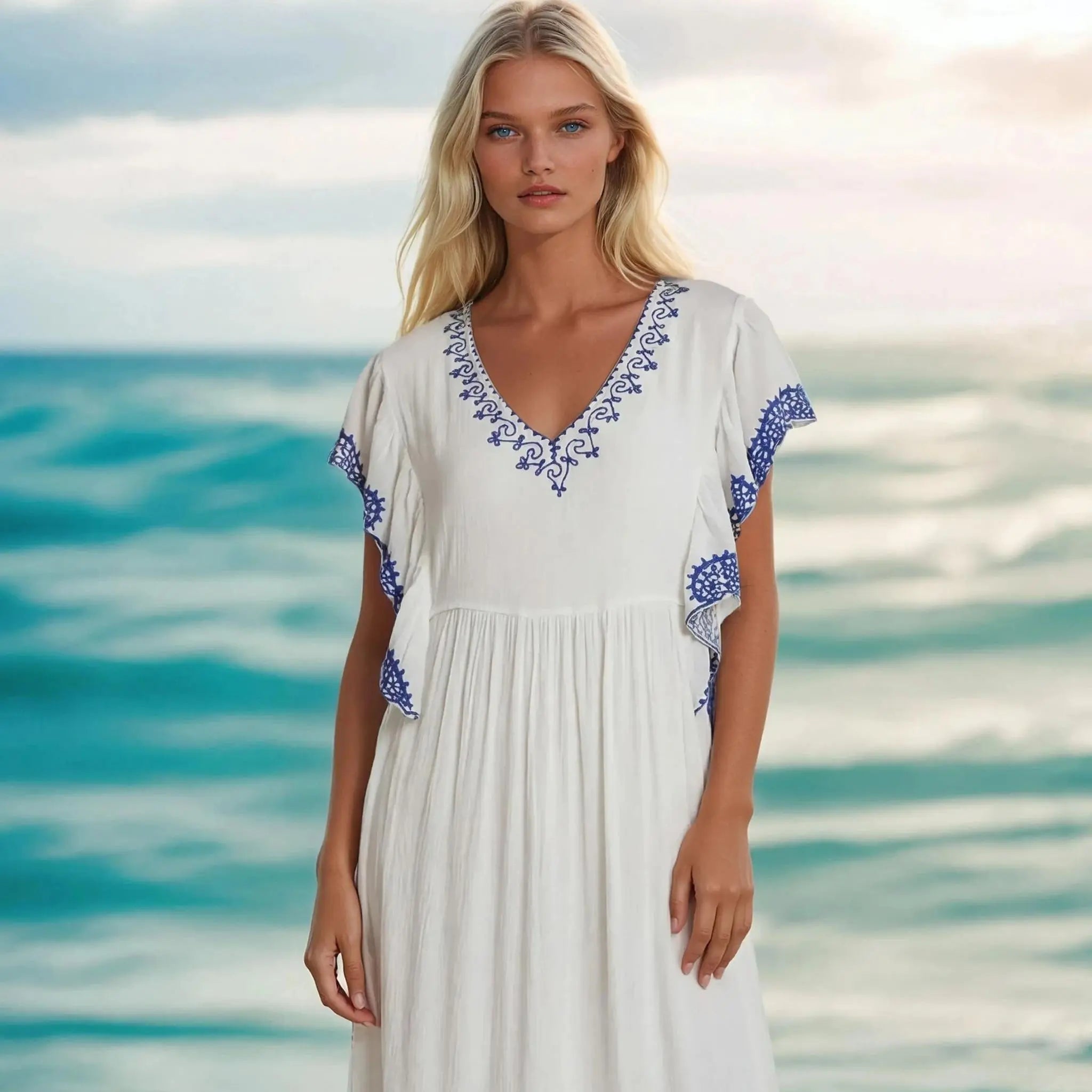 white cotton embroidered beach dresses to wear on vacation by Lindsey Brown
