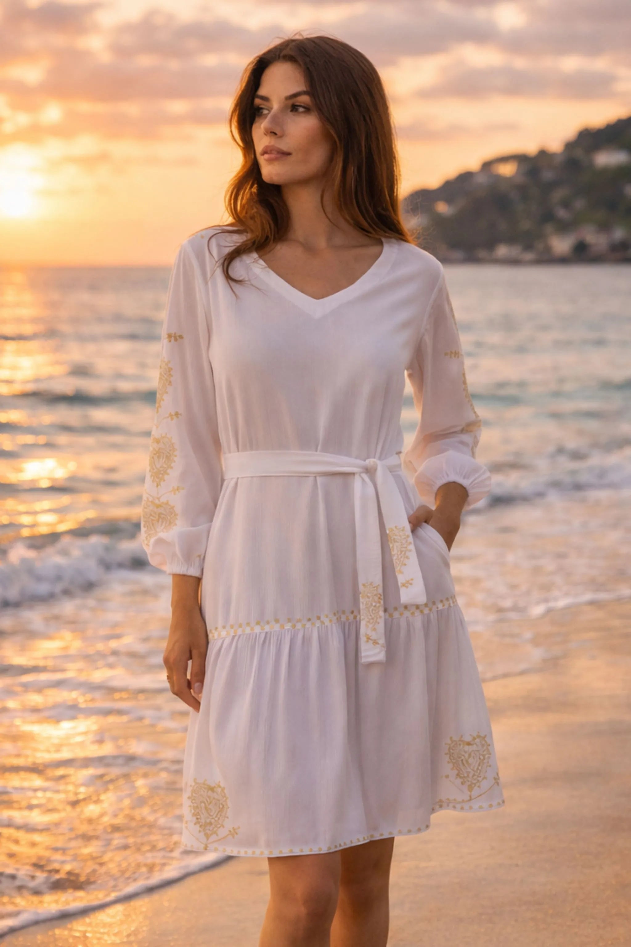 white gold  cotton beach dress worn with a belt by lindsey brown