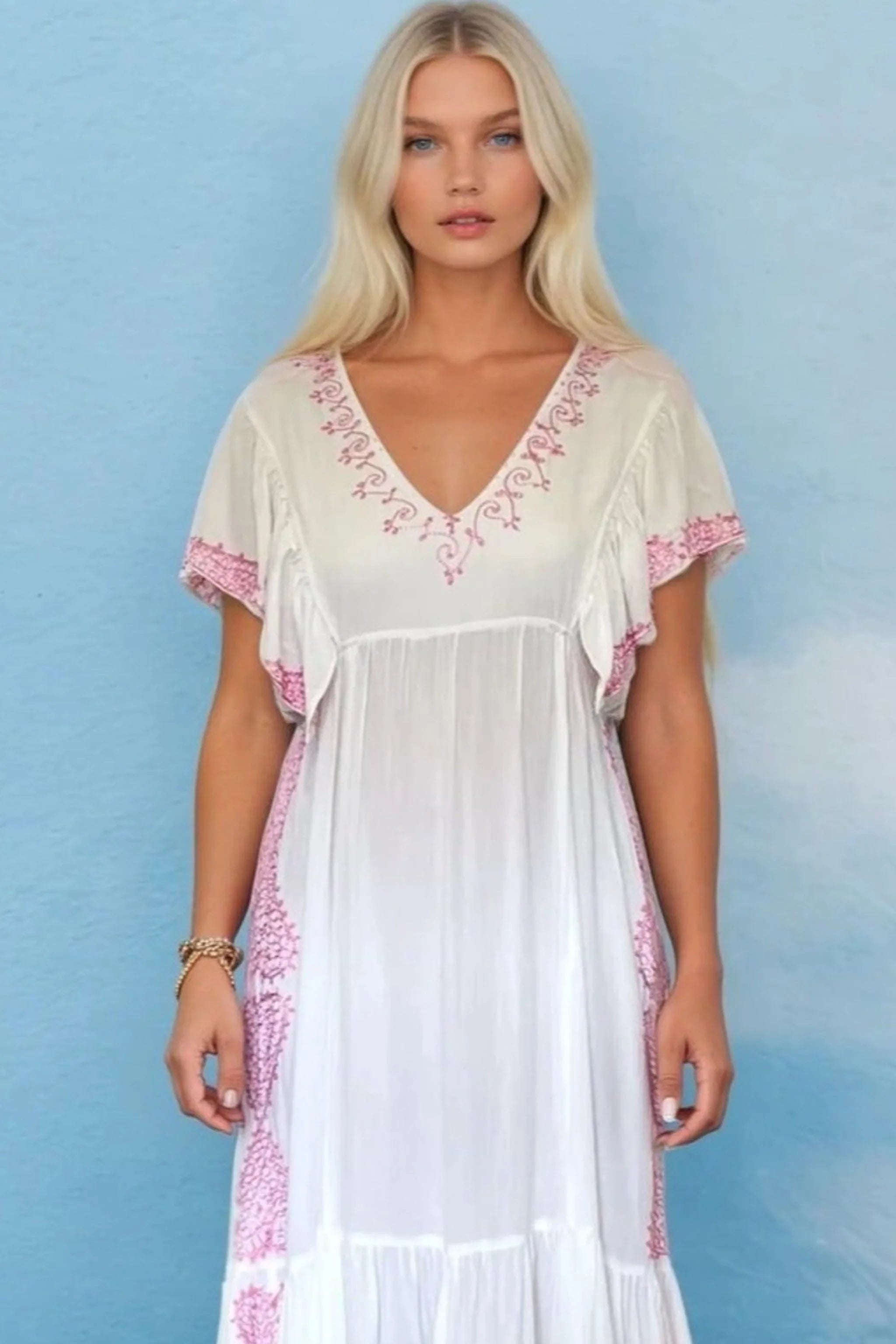 white pink midi length beach dresses by Lindsey Brown resort wear