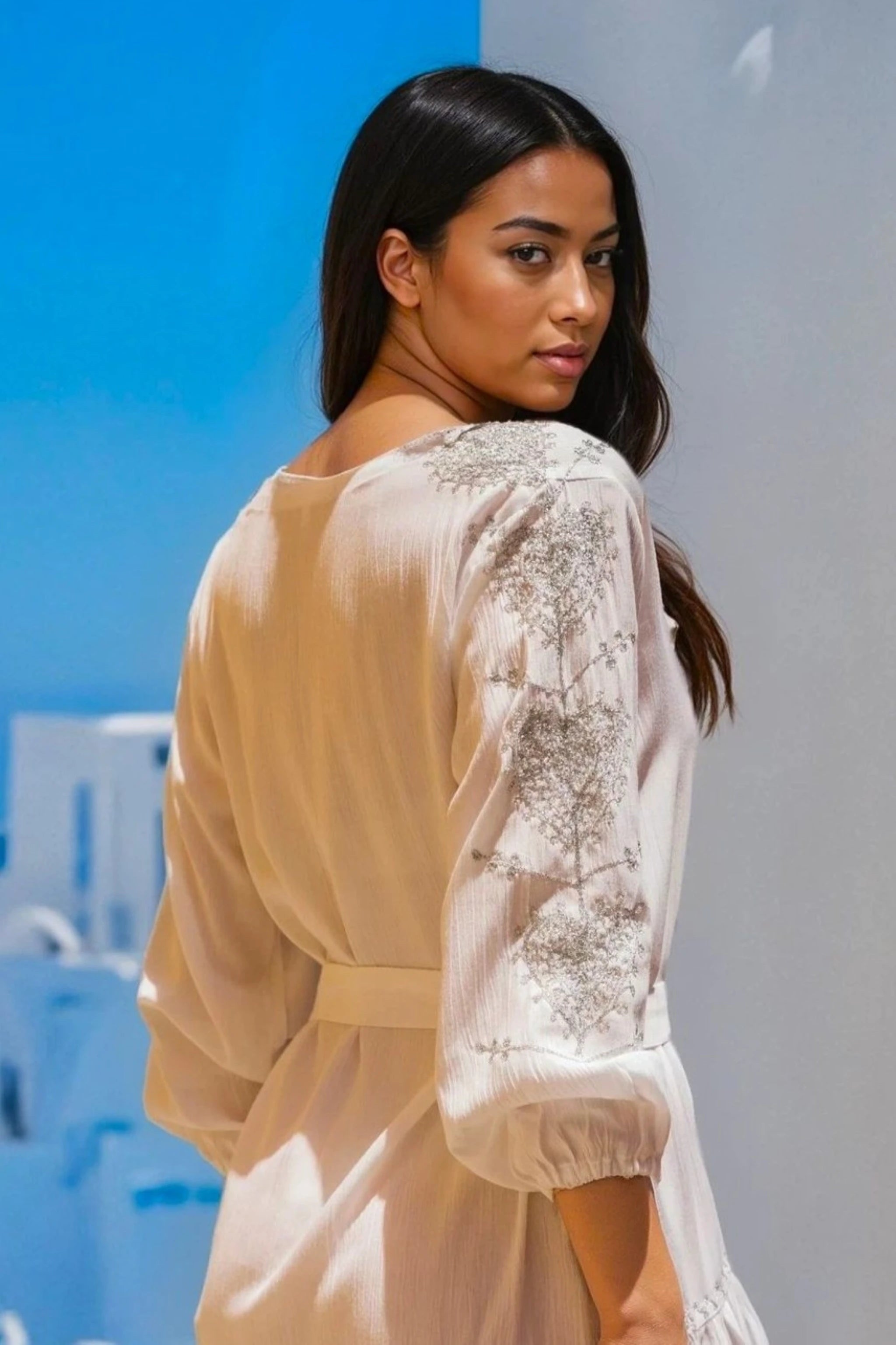 white cotton designer beach dress with embroidered silver by Lindsey Brown